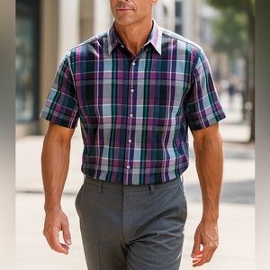 Van Heusen Edition Purple Teal Gray Button Up Short Sleeve Shirt Classic Size XL